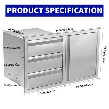 Outdoor Kitchen Door Drawer Combo Cabinet, Triple Drawers & BBQ Access Combo, Stainless Steel with Handles Cabinet for Outdoor Kitchen Island 38.1W x 22.6H x 20.8D (Right Door and Drawer Combo)