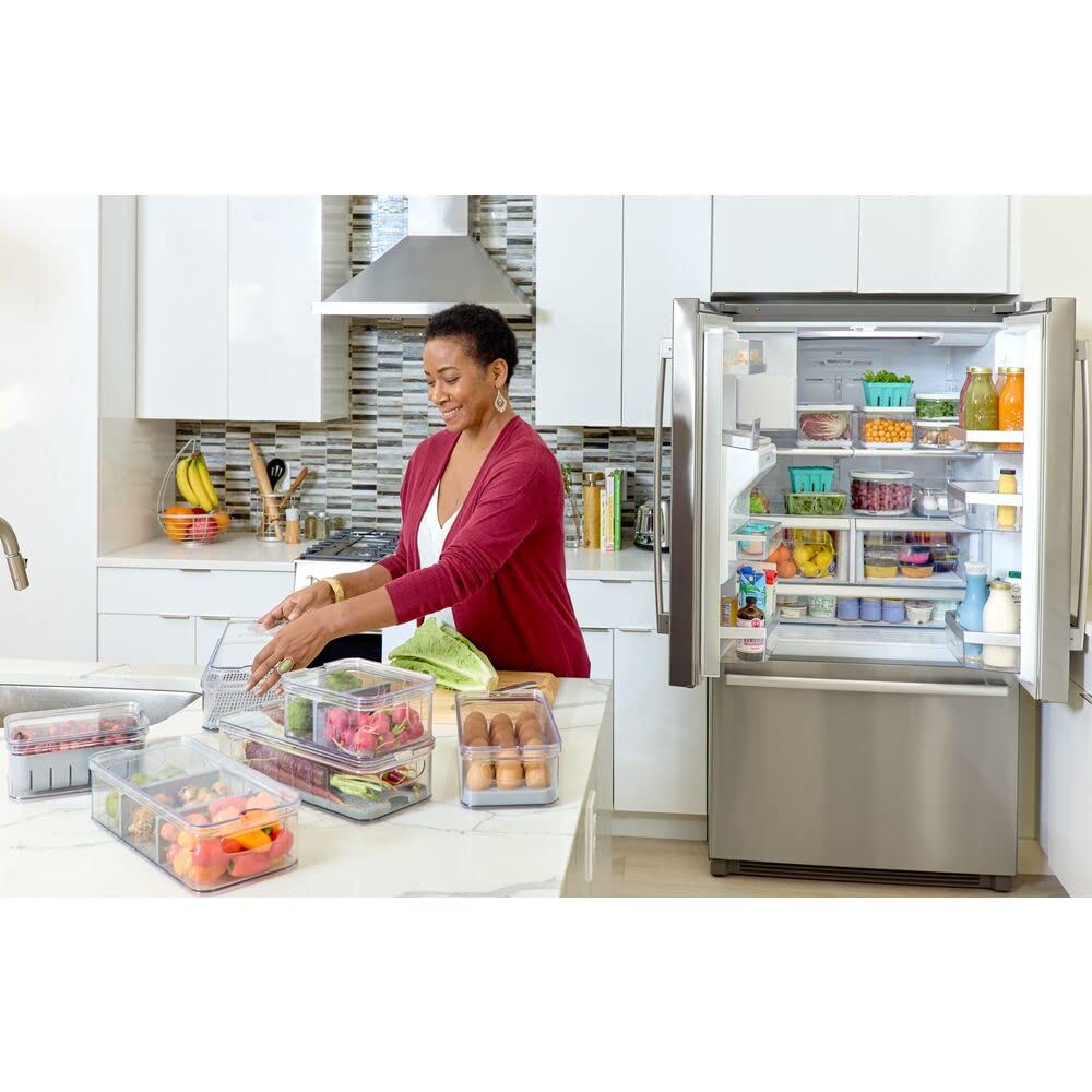 iDesign Crisp Produce Plastic Refrigerator and Modular Stacking Pantry Bin with Lid and Removable Inner Basket, Perfect for Washing Vegetables, Fruit, Lettuce, BPA Free 15.72" x 6.32" x 3.76"