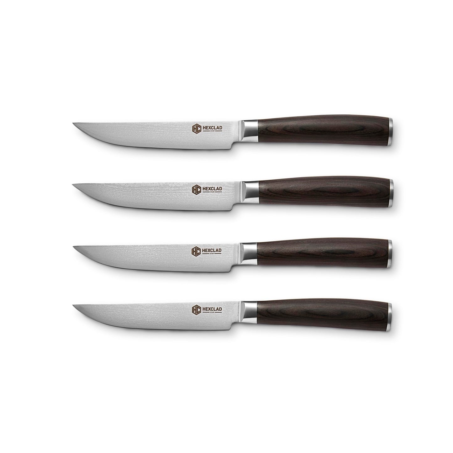 HexClad Espresso Steak Knife Set, 4-Pieces Damascus Stainless Steel Blades, Full Tang Construction, Pakkawood Handles