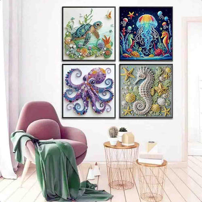 4 pack Marine Animals Special Shape Diamond Painting Kits for Beginner,Crystal Rhinestones Diamond Dots Diamond Art Accessories DIY Diamond Art Kits for Adults for Beginner for Home Wall Decor