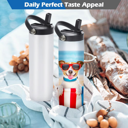 12 Pack Sublimation Tumblers Flat Edge Blanks Skinny Straight 20 oz, Stainless Steel Double Wall Insulated Sublimation Water Bottles with Portable Handle & Straw Lids for Heat Transfer, White