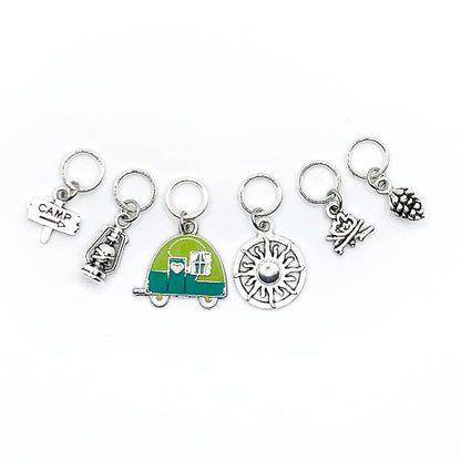Go Camping Knitting Stitch Markers with Storage Tin | Ring Style Closed Rings | Camping Theme | Gift for Knitters & Yarn Lovers | Handmade by Pretty Warm Designs