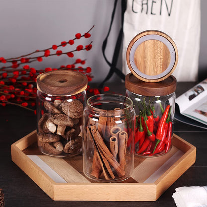 SAIOOL Kitchen Canisters Set of 6-8.5oz Glass Spice Jars With Acacia Airtight Lid and Labels Round Spice Bottles for kitchen Seasoning Baby Food Kids Snacks Meal Prep Containers Candle