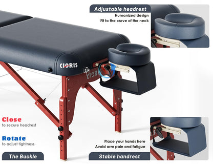 CLORIS 84" Luxury Massage Table Portable 2 Folding Lightweight Facial Salon Spa Tattoo Bed Height Adjustable with Carrying Bag & Wooden Leg Hold Up to 1500LBS Blue
