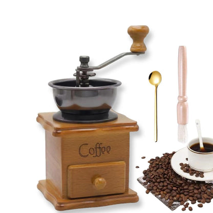 Eitonbu Wooden Manual Coffee Grinder Vintage Style Hand Coffee Mill Burr Coffee Grinder with Ceramic Hand Crank,Wooden Manual Coffee Grinder Cleaning Brush (Light Brown)