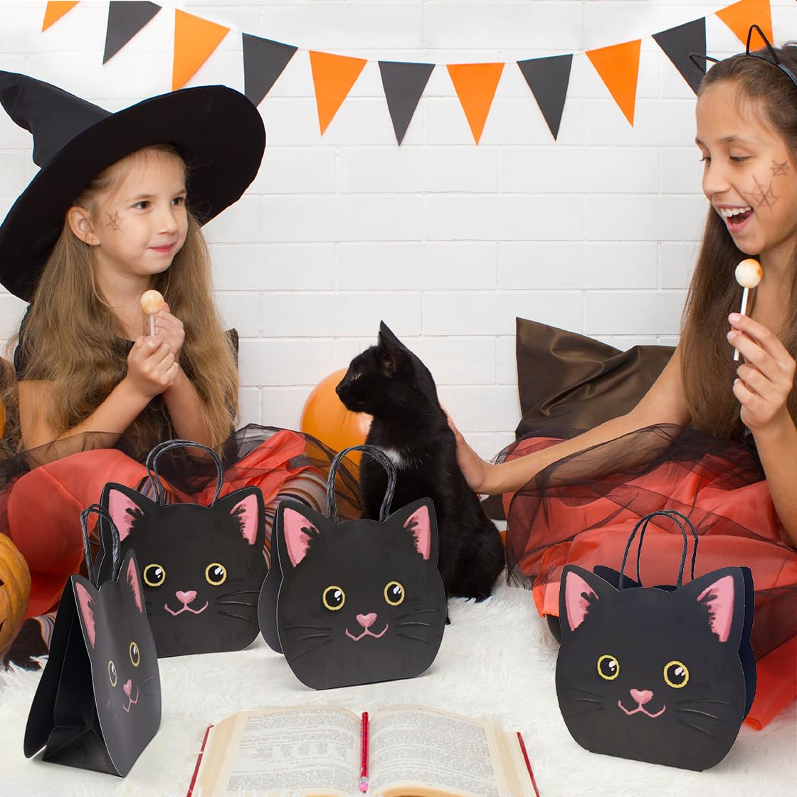 Cheerland Black Cat Birthday Decorations Black Cat Gift Bags Halloween Themed Witch Goodie Bags Party Favors Treat Bag Summerween Witchy Accessory Party Decoration Cute Kitten Gift Supplies 8 Pcs