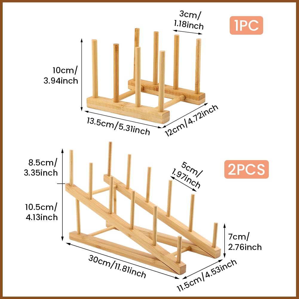 Bibabala 2Pcs Plate Stands for Display, Wooden Plate Holders with 1 Cup Holder,5 Tiers Bowl Rack, Craft Show Display Stands for Tabletop Book, Artwork, Photo, Record, Magazine, Platter