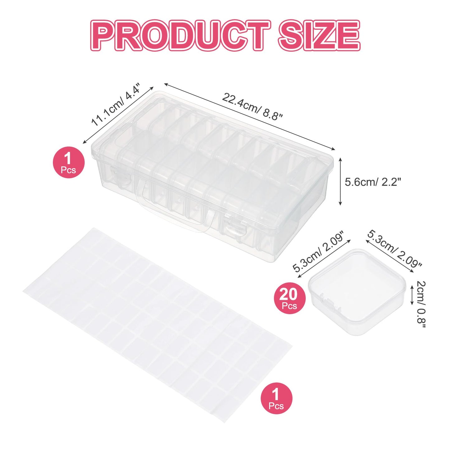 MECCANIXITY 20 Slots Diamond Art Storage Containers, Clear Plastic Diamond Art Painting Beads Organizer Case Accessories with Labels for Jewelry Nail Crafts Rhinestones 8.8x4.4x2.2inch