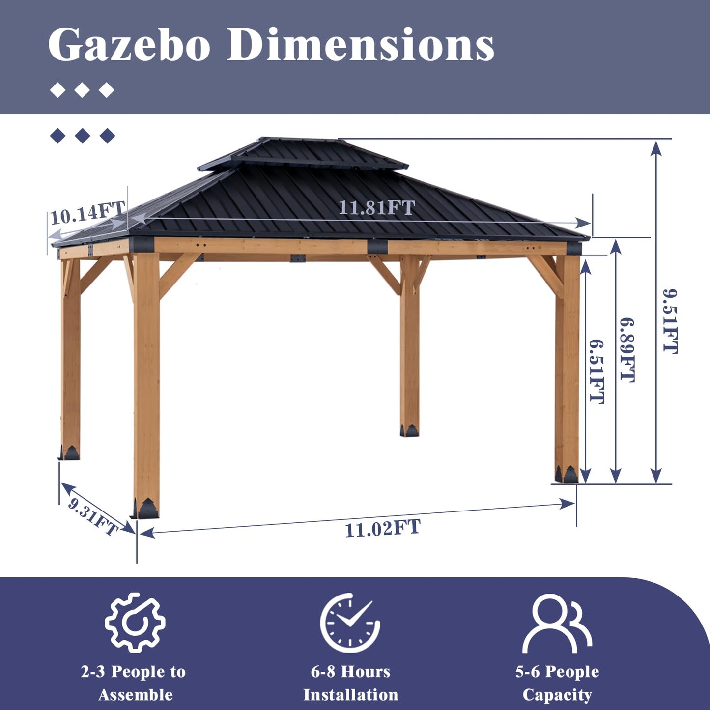 CHARMELEON 10x12 FT Cedar Wood Gazebo,Hardtop Wooden Gazebo with 4.6in Thickened Posts&High Load-Bearing Galvanized Steel Roof for Outdoor, Patio, Backyard-Natural
