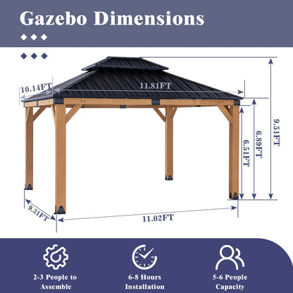 CHARMELEON 10x12 FT Cedar Wood Gazebo,Hardtop Wooden Gazebo with 4.6in Thickened Posts&High Load-Bearing Galvanized Steel Roof for Outdoor, Patio, Backyard-Natural