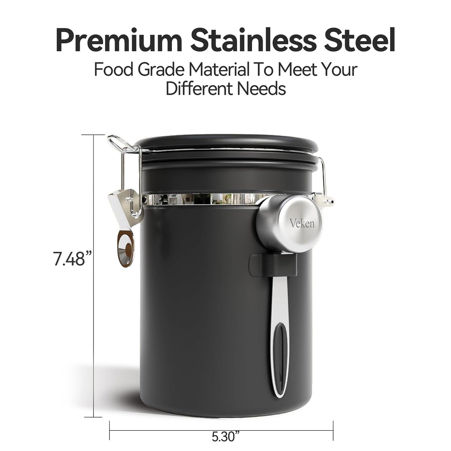 Veken Coffee Canister with Window,Airtight Stainless Steel Pantry Container,Home Kitchen Food Storage Organizers for Ground,Beans,Espresso,Rice,Tea,Sugar,Cereal, Decor,Bar Accessories,Gifts,22OZ,Black