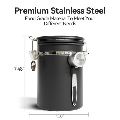 Veken Coffee Canister with Window,Airtight Stainless Steel Pantry Container,Home Kitchen Food Storage Organizers for Ground,Beans,Espresso,Rice,Tea,Sugar,Cereal, Decor,Bar Accessories,Gifts,22OZ,Black