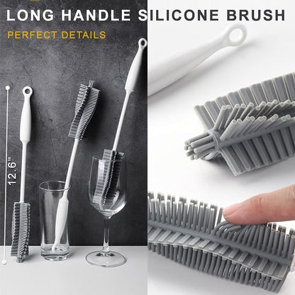 Bottle Cleaning Brush Set, 3pcs Long Handle Silicone Cleaner Brushes + Thermos Lid Cup Brush + Drinking Straw Brush