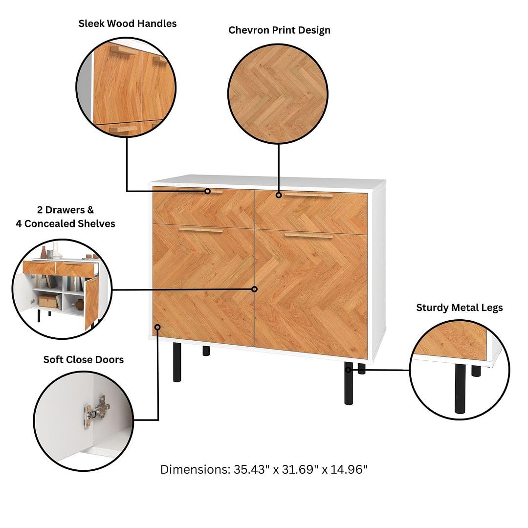 Manhattan Comfort Liam 35 Inch Mid Century Modern Accent Cabinet with 2 Drawers & 2 Soft Close Doors with Scratch Resistant Finish, Versatile Storage Console, White/Wood Print