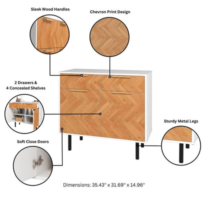 Manhattan Comfort Liam 35 Inch Mid Century Modern Accent Cabinet with 2 Drawers & 2 Soft Close Doors with Scratch Resistant Finish, Versatile Storage Console, White/Wood Print