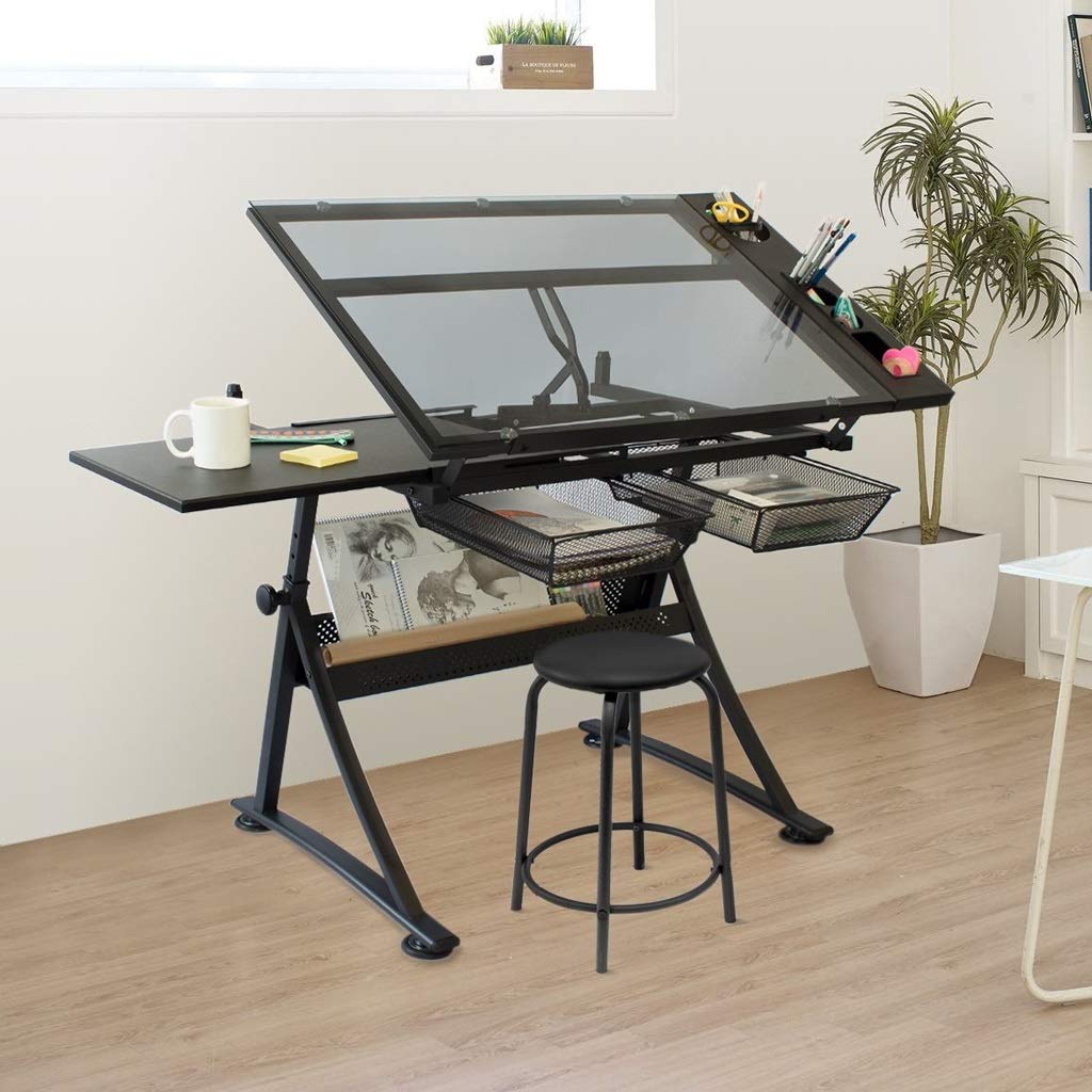 Drawing Tilting Tablet,Drafting Desk, Drafting Table with Storage, Height Adjustable Tiltable Art Desk, Glass Panel Drawing Desk, for Work Study Painting Craft Table