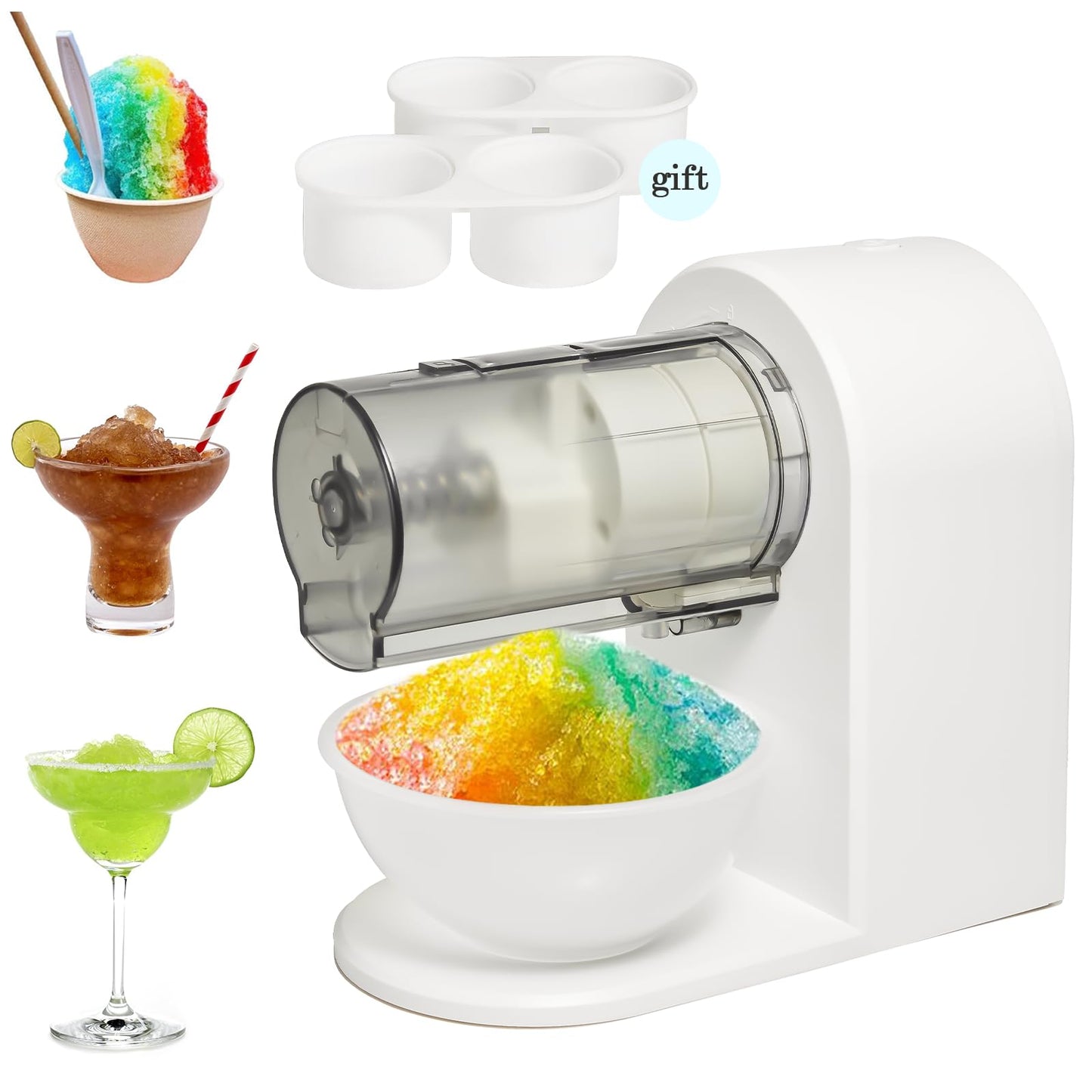 Snow Cone Shaved Ice Machine Electric Ice Shaver Machine with 2 Usable Plastic Ice Mold Cups Portable Snow Cone Maker for Home,Kids Party,Easy to DIY,White