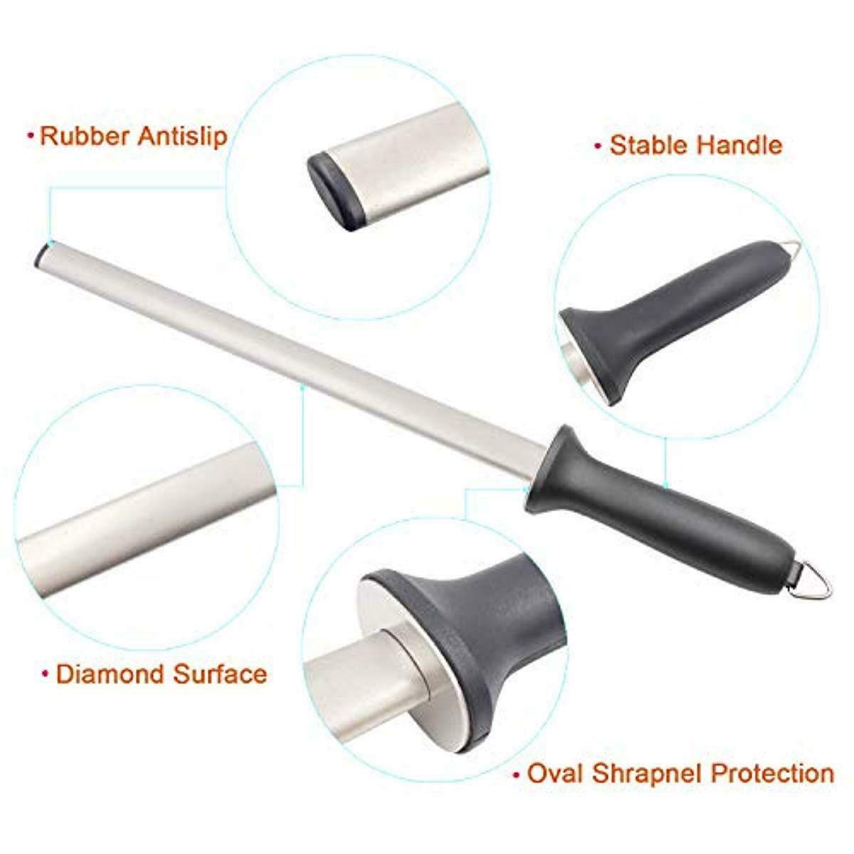 10 in. Diamond Carbon Steel Professional Knife Sharpener Rod | Kitchen, Home or Hunting | Master Chef, Hunter or Home Gourmet Blade Sharpening Rod or Stick