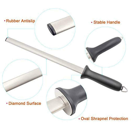 10 in. Diamond Carbon Steel Professional Knife Sharpener Rod | Kitchen, Home or Hunting | Master Chef, Hunter or Home Gourmet Blade Sharpening Rod or Stick