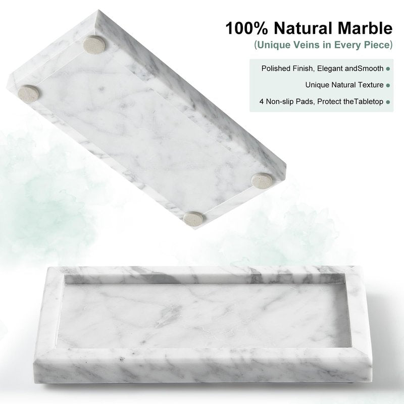 Natural Small Marble Vanity Tray, Luxury Stone Organizer for Bathroom & Kitchen | Holds Soap Dispenser, Jewelry, Perfume | Non-Resin, Non-Ceramic Décor