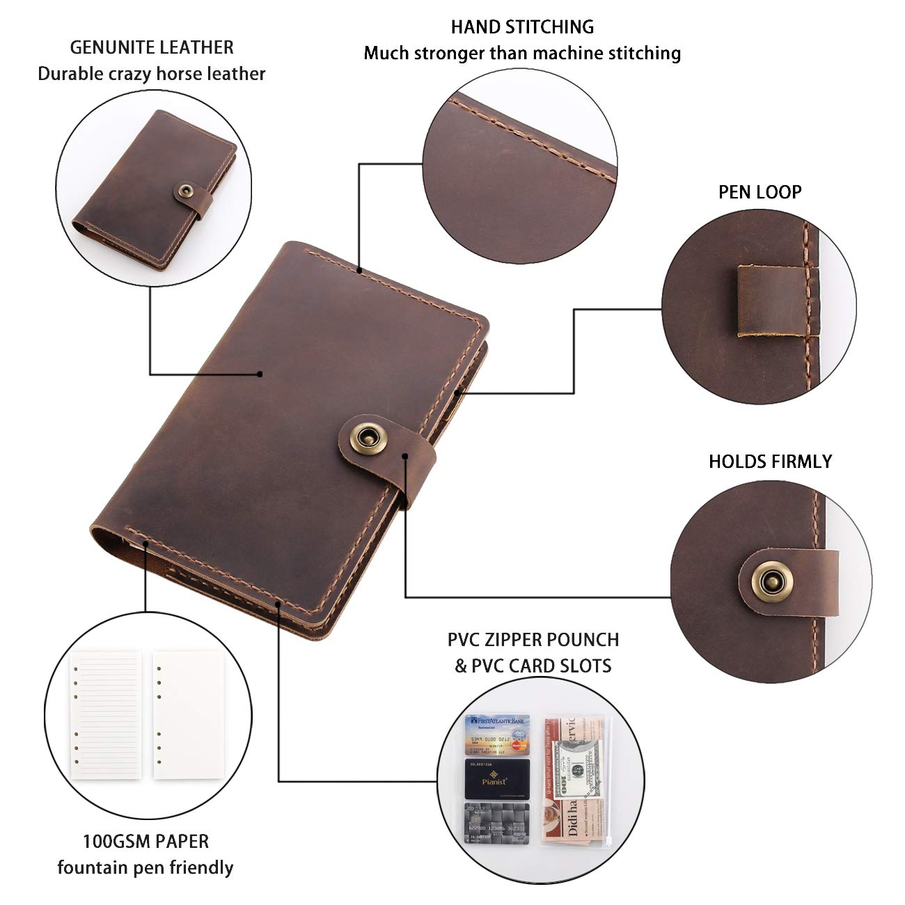 Leather Writing Journal Notebook Refillable, A6 Personal Size Traveler's Notebook with Pockets, 6 Ring Binder Planner Notebook with Pen Holder-BROWN