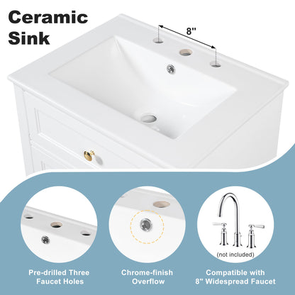 Bathroom Vanity with Sink 24 Inch, Tip-Out Drawer and Door Rack, Adjustable Shelf, Soft-Closing Drawers and Door, White