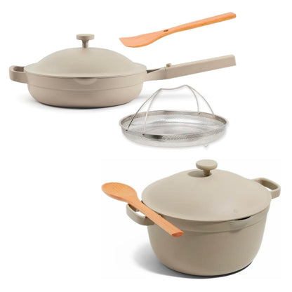 Our Place Cookware Duo | 7-Piece Ceramic Cookware Set with 10.5" Always Pan 2.0, 5.5 Qt Perfect Pot & Strainer Basket | Induction & Oven Safe up to 450°F | Nonstick, Non-Toxic Cookware | Steam