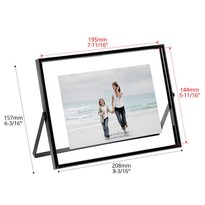 QWORK 6x8 Inch Black Floating Picture Frame Horizontal, Fits 5x7 4x6 3x5 Photos, Glass Double Panel Metal Frame for Tabletop Display