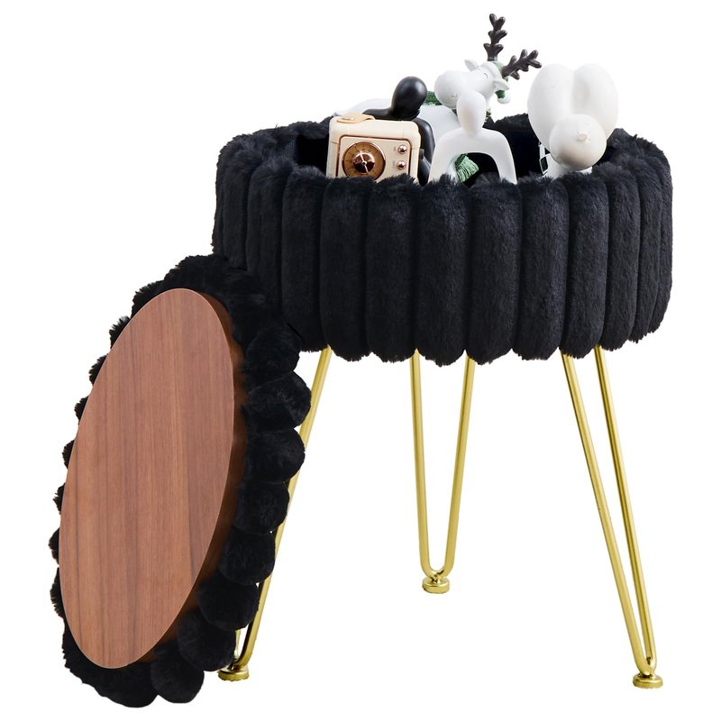 Wimarsbon Vanity Stool with Storage, Faux Fur Ottoman Chair with Metal Legs, Round Makeup Vanity Chair for Bedroom or Dressing Table, Modern Small Ottoman Seat (Black)