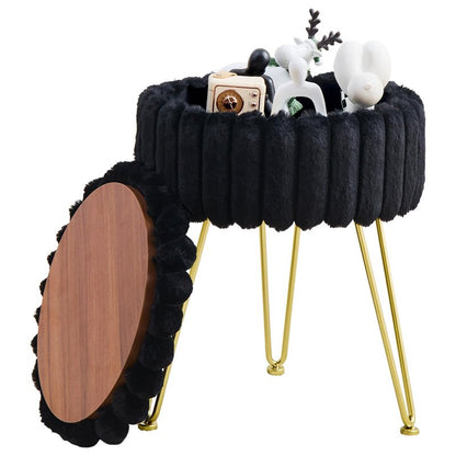 Wimarsbon Vanity Stool with Storage, Faux Fur Ottoman Chair with Metal Legs, Round Makeup Vanity Chair for Bedroom or Dressing Table, Modern Small Ottoman Seat (Black)