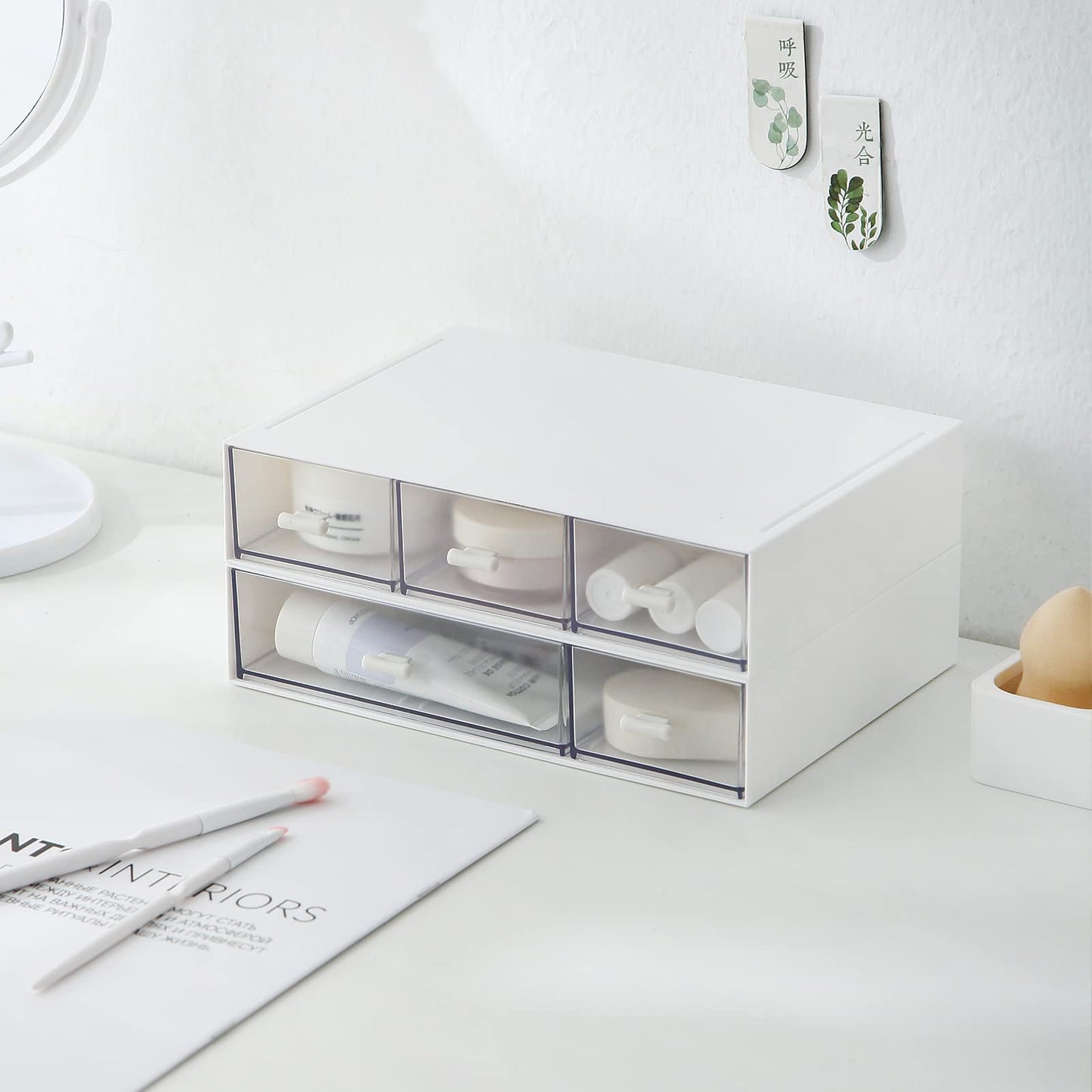 MILULUGO Desk Organizer with 6 Drawers, Makeup Organizer, Plastic Cosmetic Organizer, Bathroom Organization Boxes, Desktop Storage Box(White)