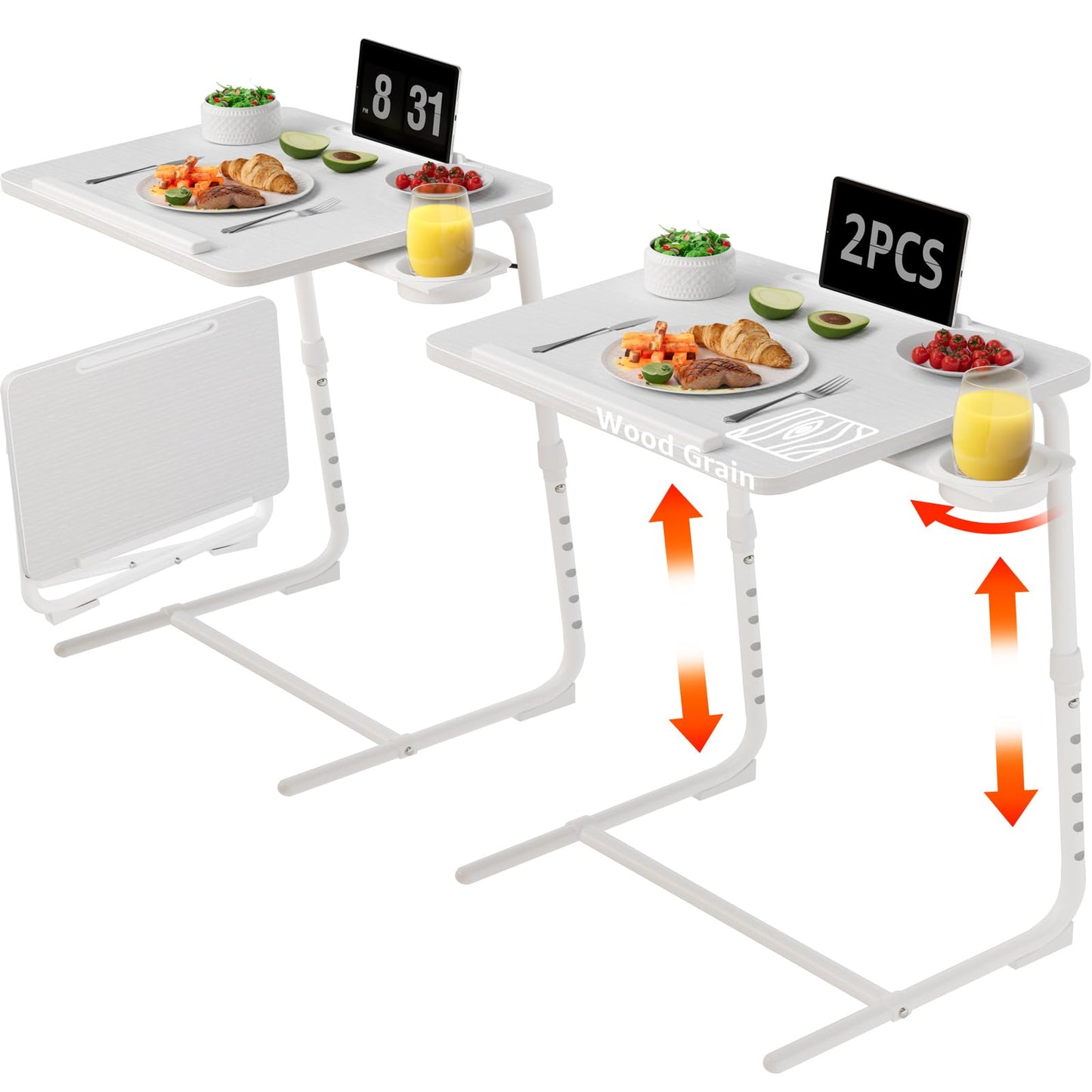 TV Trays Set of 2 - Folding TV Tray Adjustable Dinner Trays for Eating On Couch Wooden Tables Mate Stand Foldable White Desk with Cup Holder Portable