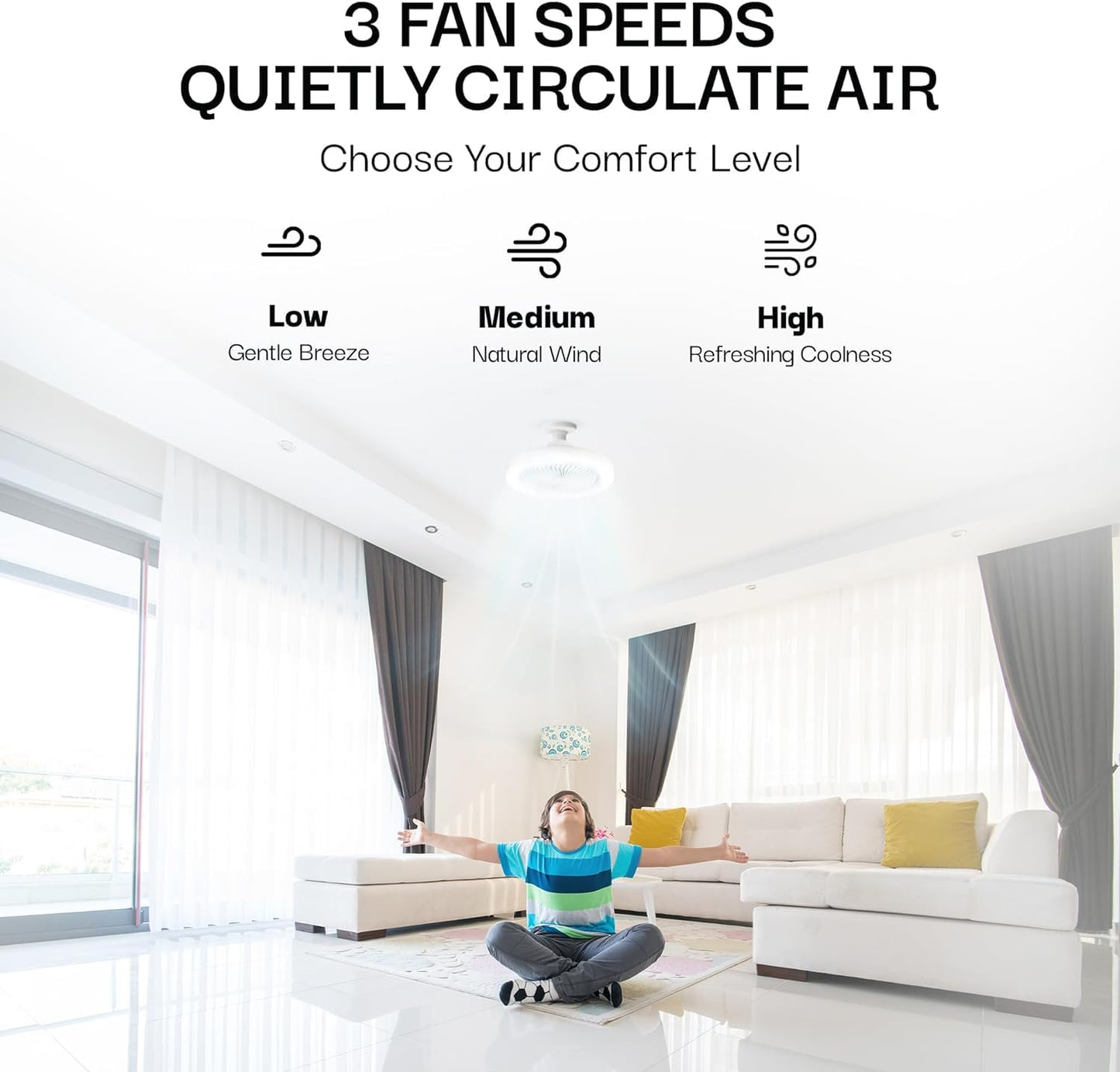 Bell+Howell SocketAir Wireless Ceiling Fan Light with Remote Control, Extender,110-120 Volt, 2100 Lumens, 3 Fan Speeds, 3 Light Settings, 6500K for Living, Dining, Working Space ASON TV
