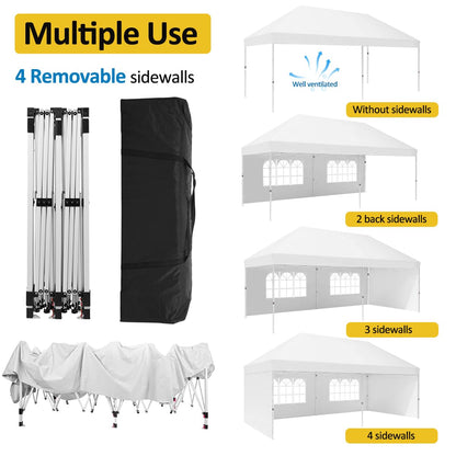 Eachbid 10' x 20' Pop Up Canopy Gazebo Commercial Tent with 4 Removable Sidewalls, Large Party Tent, Event Shelter Gazebo Canopy with 4 Sandbags, Stakes X12, for Patio Party Weddings Picnic (White)