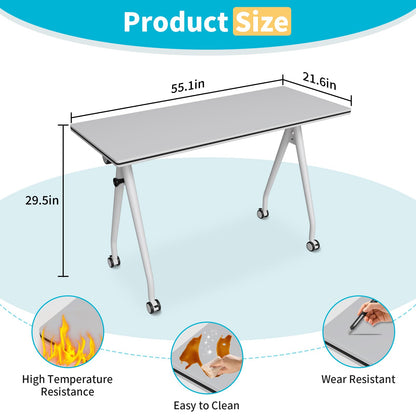 Conference Table with Wheels, Folding Conference Table with Knob & 4 Brake Casters, Modular Flip Top Mobile Conference Room Table for Office, Meeting, Training Room, Class (8, White, 55.1in)