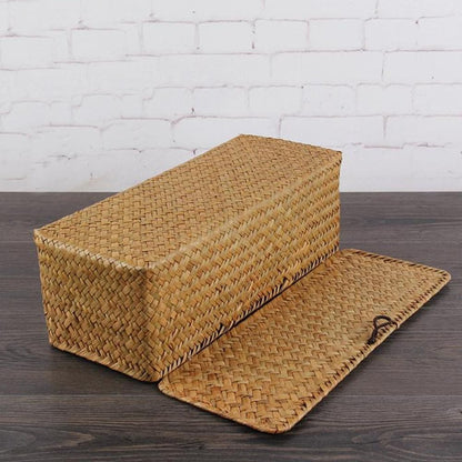 Handwoven Wicker Storage Basket with Lid, 3 Compartment Toilet Paper Holder for Bathroom, Kitchen Organizer Bin