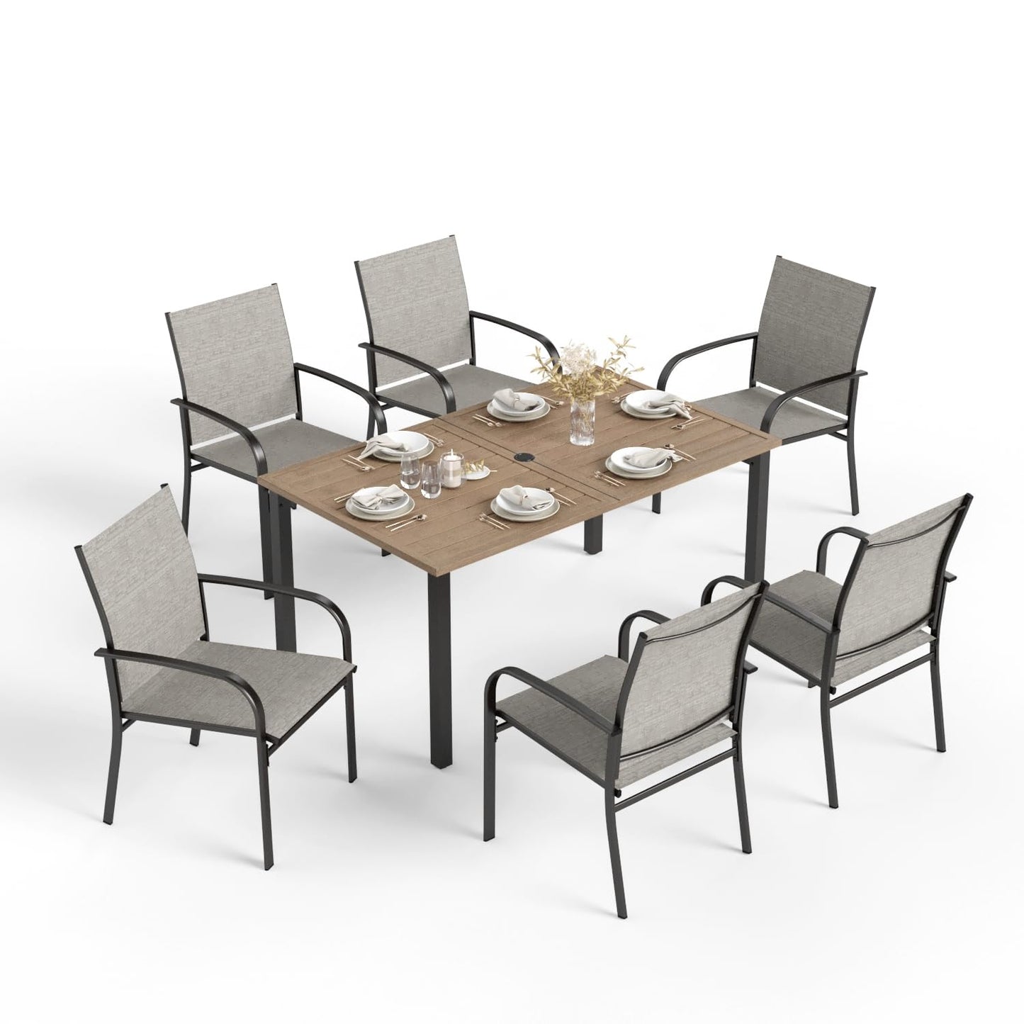 HERA'S HOUSE Patio Table and Chairs for 6, 7 Pieces Outdoor Deck Dining Sets, Wood-Like Rectangular Metal Table Set with Chairs for Lawn Garden Backyard, Brown