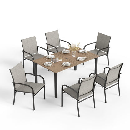 HERA'S HOUSE Patio Table and Chairs for 6, 7 Pieces Outdoor Deck Dining Sets, Wood-Like Rectangular Metal Table Set with Chairs for Lawn Garden Backyard, Brown