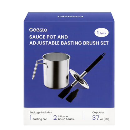 Geesta Adjustable Sauce Pot and Basting Brush Set, Long Stainless Steel Basting Brush for Cooking, Smoking, Fathers Day Grilling Gifts for Men Smoker Accessories, Large Capacity Grilling Tools, 1 Pack