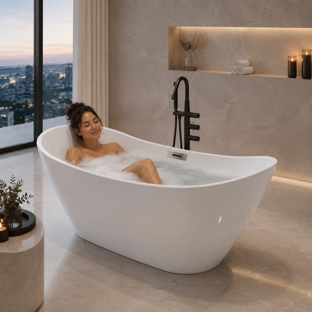 67" Acrylic Freestanding Bathtub, Deep Soaking Tub with Non-Slip Surface, Modern Free Standing Bath Tub, Chrome Drain, CUPC Certified, Easy Install, Space-Saving Bathtub for Bathrooms, White
