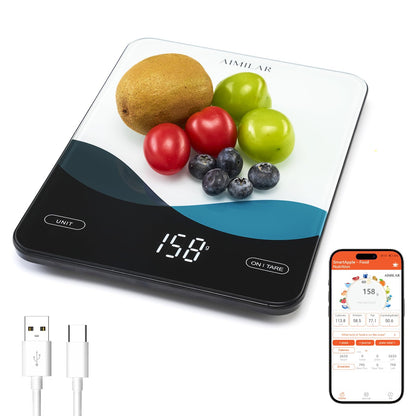 AIMILAR Bluetooth Kitchen Scale 10kg/22lb - Smart Nutrition Food Scale with App Calorie & Macro Tracker, Nutritional Analysis, USB-C Rechargeable, Tempered Glass, LED Display, Tare, g/lb:oz/oz/ml