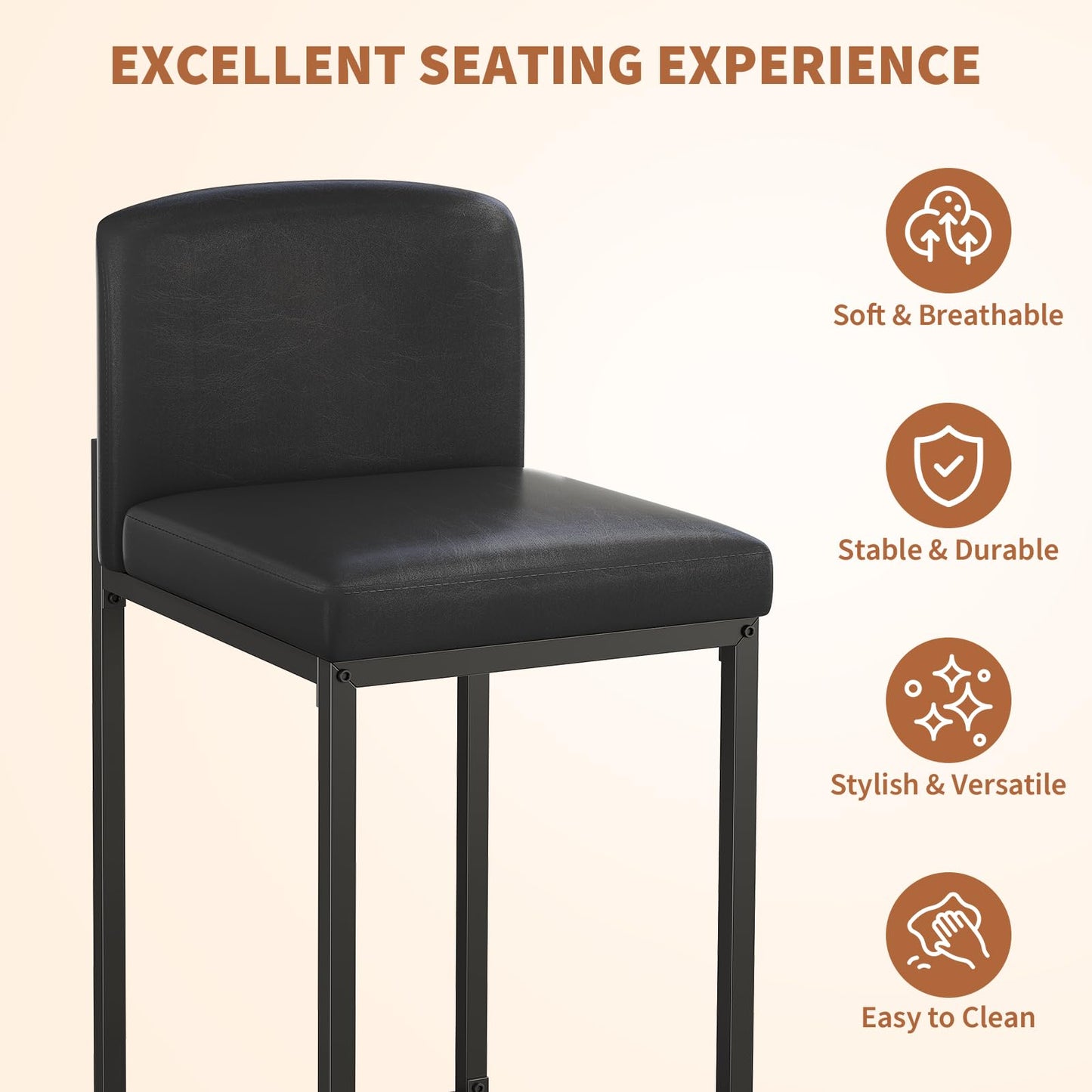 GarveeHome Bar Stools Set of 6, Modern Counter Height Bar Stools with Back and Footrest, Faux Leather Upholstered Barstools Chairs for Kitchen Island Dining Room Bar, Black