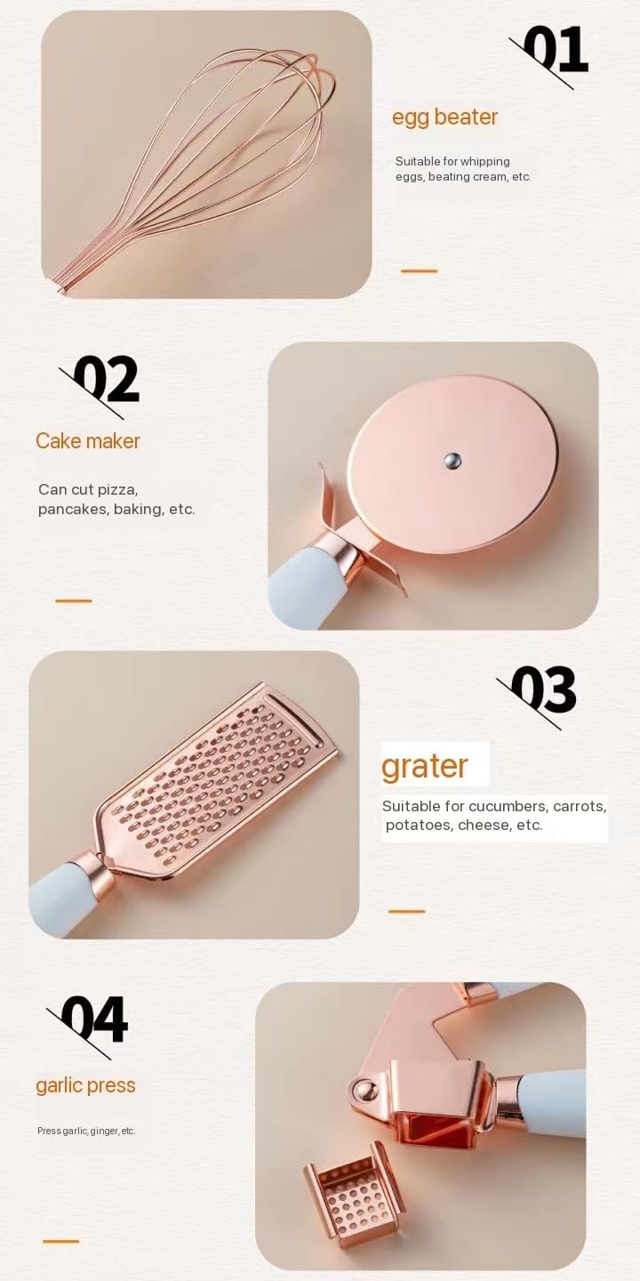 White & Gold Kitchen Tools and Gadgets - Luxe 7PC Cooking Tools and Gadgets with Anti-Slip Handles, Utensils Set, Gold Kitchen Accessories,Premium Kitchen Gadget Set (Champagne gold & pink)