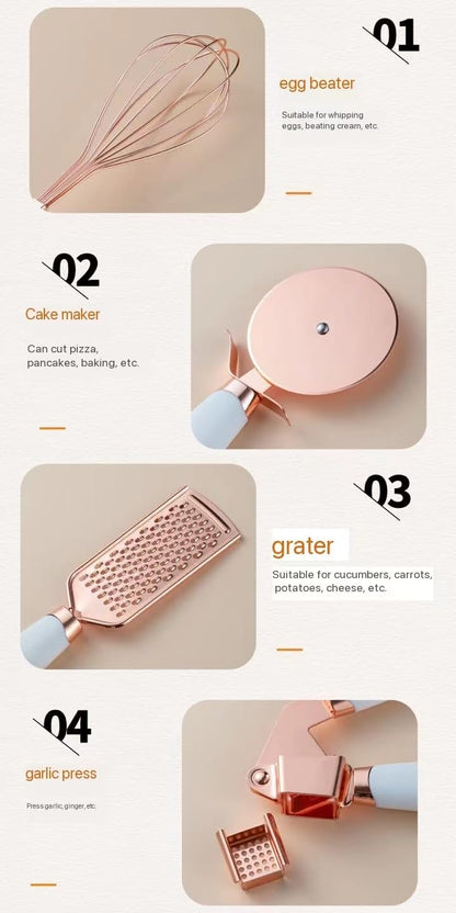 White & Gold Kitchen Tools and Gadgets - Luxe 7PC Cooking Tools and Gadgets with Anti-Slip Handles, Utensils Set, Gold Kitchen Accessories,Premium Kitchen Gadget Set (Champagne gold & pink)