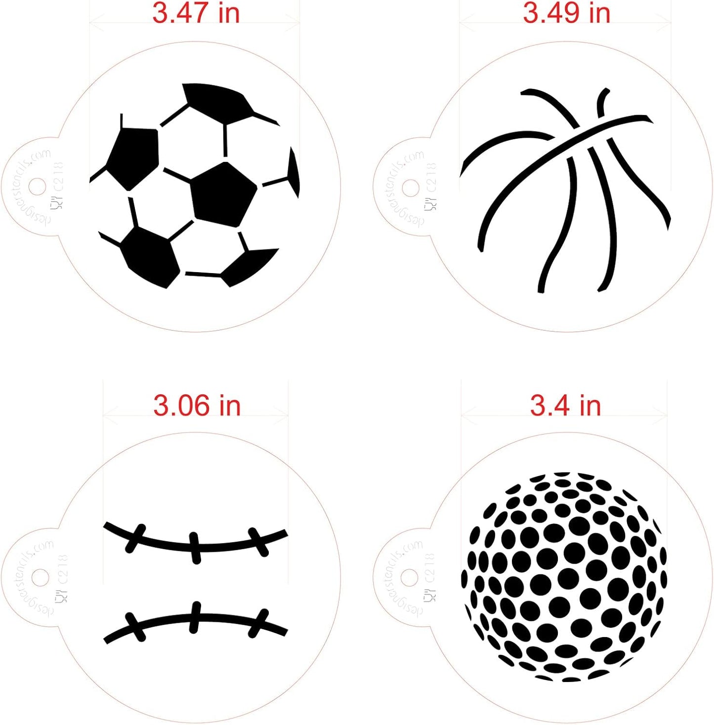 Designer Stencils Large Sports Ball Cookie Stencils, Basketball - Golf - Soccer - Baseball, Beige/semi-transparent