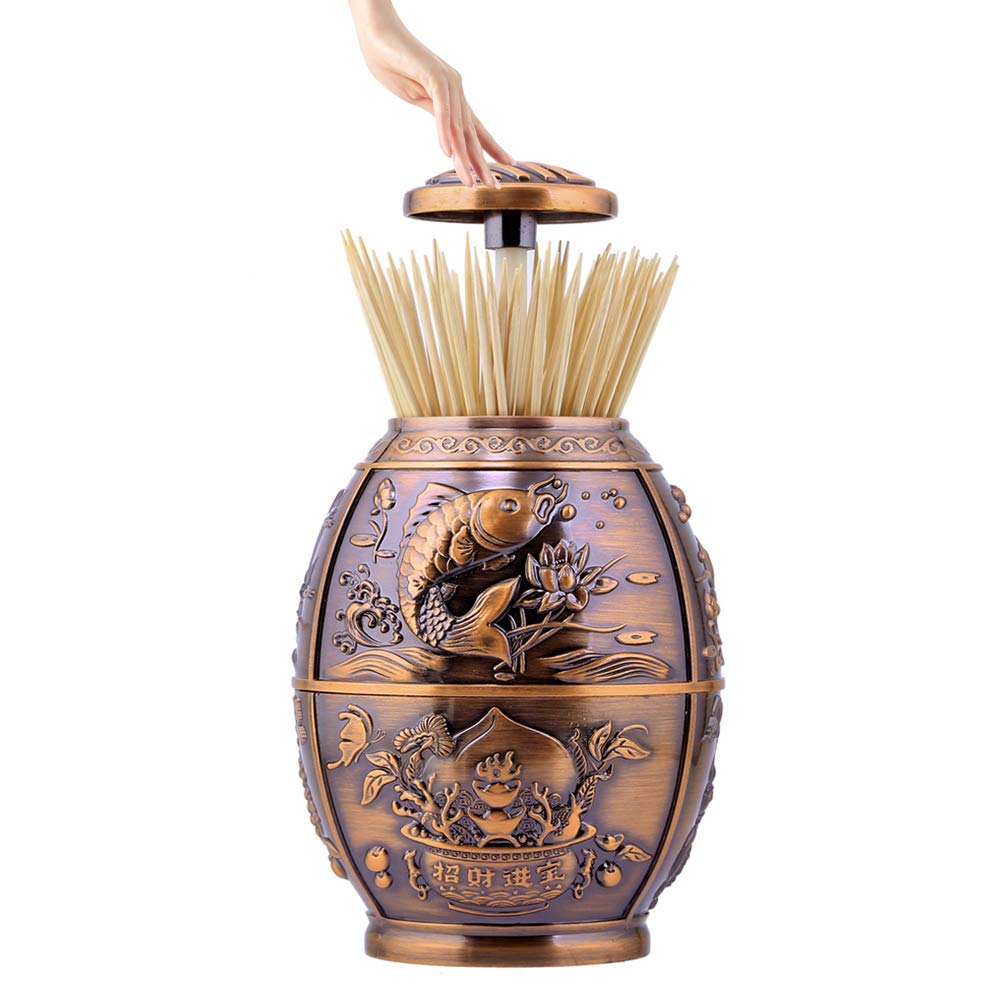 ANGROC Push Style Retro Metal Automatic Toothpick Holder, House Warming Gifts, Retractable Toothpicks Case Can Box Organizer Storage Container, for Home Restaurant Café Club Bar Hotel ( Red Bronze )