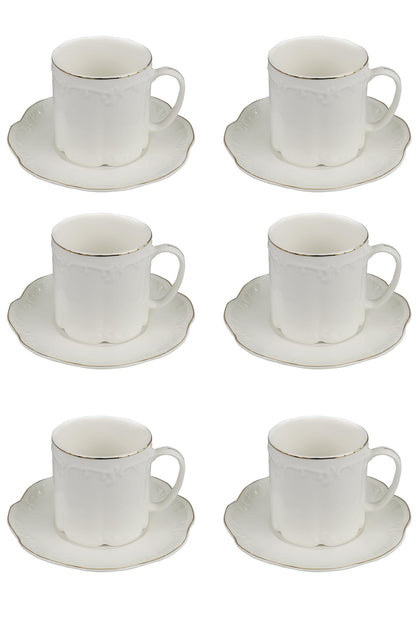 GuangYang 7oz Fine Porcelain Tea Cups and Saucers Set with Gold Trim – Elegant White Embossed Coffee & Tea Cup Set for Afternoon Tea, Cappuccino, Latte, Wedding or Gift