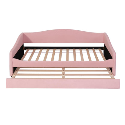 Twin Size Upholstered Daybed with Trundle,Teddy Fleece Twin Daybed Frame,Twin Day Bed with LED Light,Tufted Sofa Bed Daybed for Bedroom,Living Room,Guest,Pink