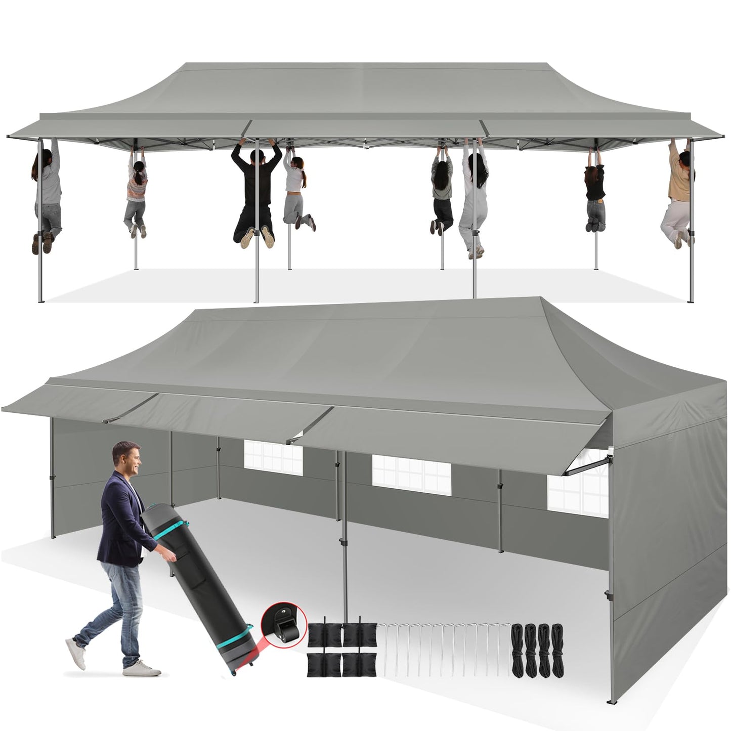 COBIZI 10x30 Pop Up Canopy Tent with Awning,Heavy Duty Canopy UPF 50+ All Season Wind Waterproof Commercial Outdoor Street Vendors Party Tents for Parties Canopy with Roller Bag(10 x 30 ft Gray)
