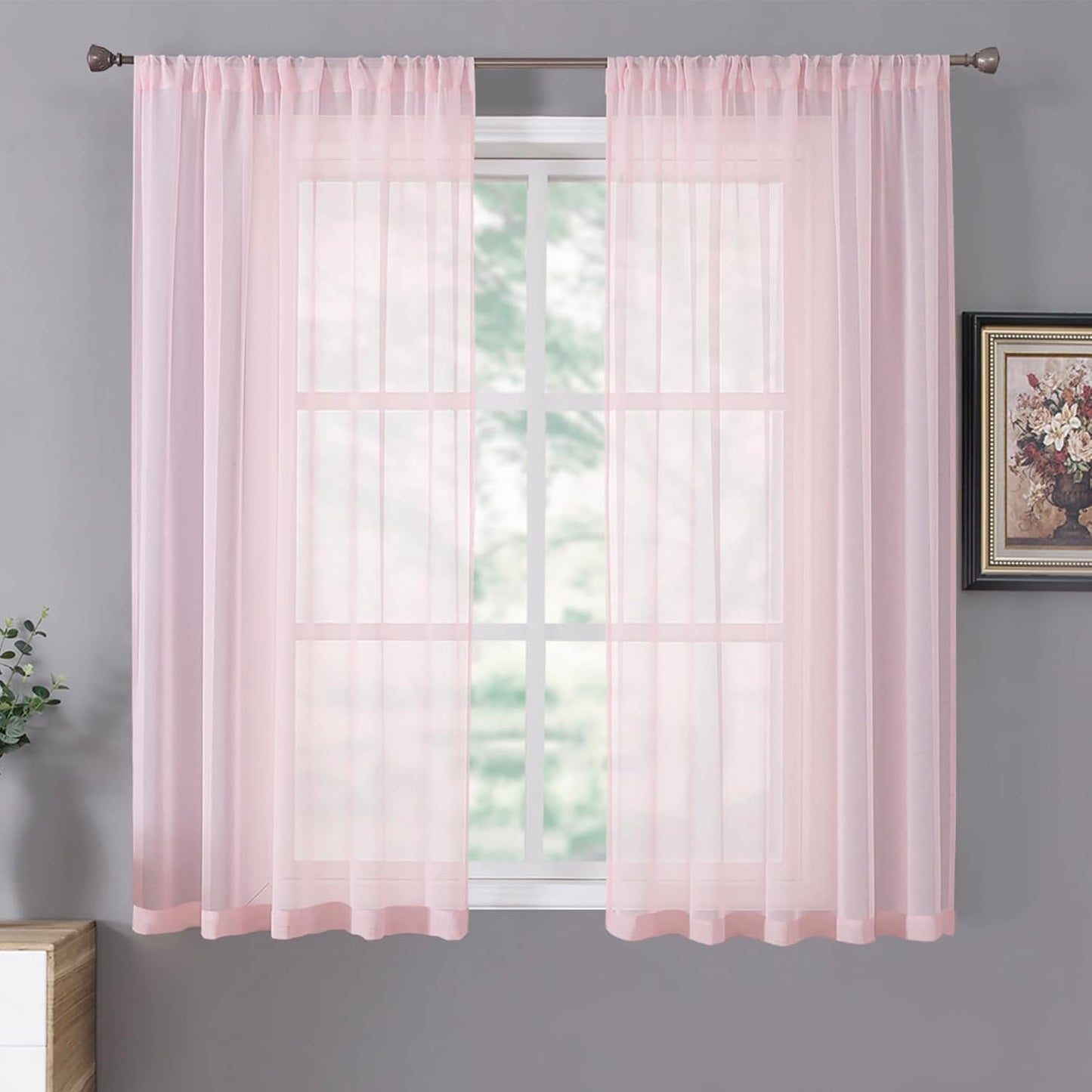 Tollpiz Sheer Curtains Set of 2 Panels | 54 x 63 inches Pink Linen Textured Light Filtering Voile Curtains for Living